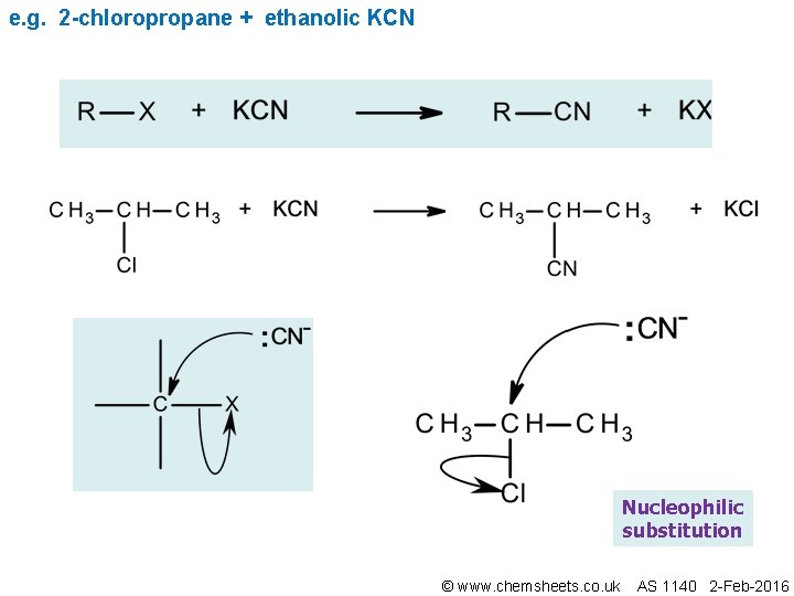 e. g. 2 -chloropropane + ethanolic KCN Nucleophilic substitution © www. chemsheets. co. uk