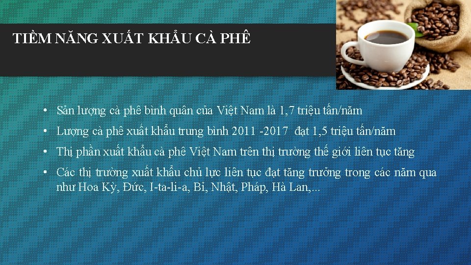 TIỀM NĂNG XUẤT KHẨU CÀ PHÊ • Sản lượng cà phê bình quân của