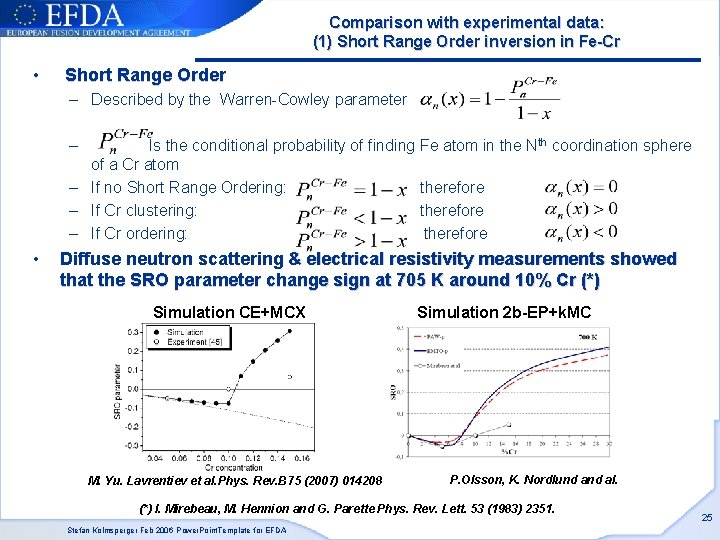 Comparison with experimental data: (1) Short Range Order inversion in Fe-Cr • Short Range Comparison with experimental data: (1) Short Range Order inversion in Fe-Cr • Short Range