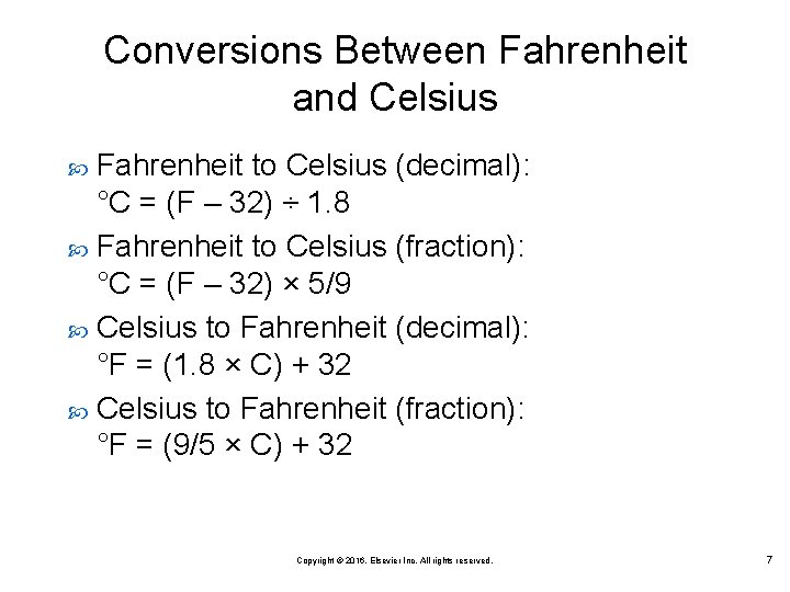 Conversions Between Fahrenheit and Celsius Fahrenheit to Celsius (decimal): °C = (F ‒ 32) Conversions Between Fahrenheit and Celsius Fahrenheit to Celsius (decimal): °C = (F ‒ 32)