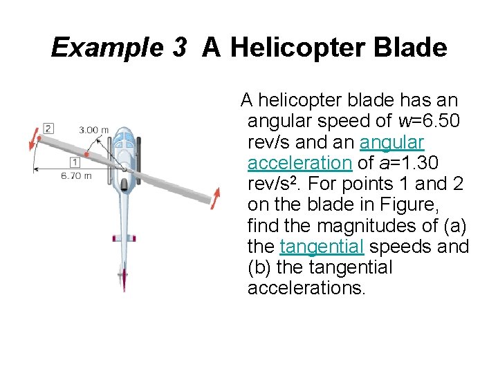 Example 3 A Helicopter Blade A helicopter blade has an angular speed of w=6.