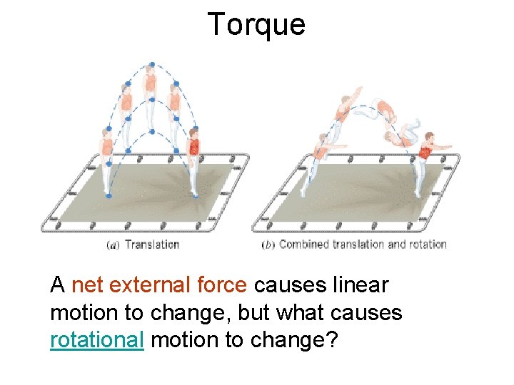 Torque A net external force causes linear motion to change, but what causes rotational