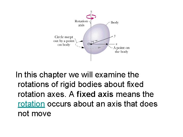  In this chapter we will examine the rotations of rigid bodies about fixed