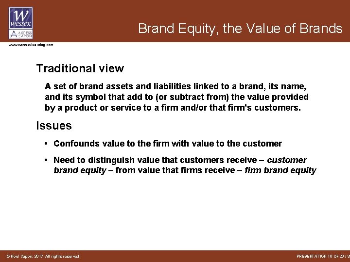 Brand Equity, the Value of Brands www. wessexlearning. com Traditional view A set of Brand Equity, the Value of Brands www. wessexlearning. com Traditional view A set of