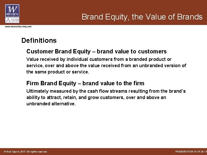Brand Equity, the Value of Brands www. wessexlearning. com Definitions Customer Brand Equity – Brand Equity, the Value of Brands www. wessexlearning. com Definitions Customer Brand Equity –