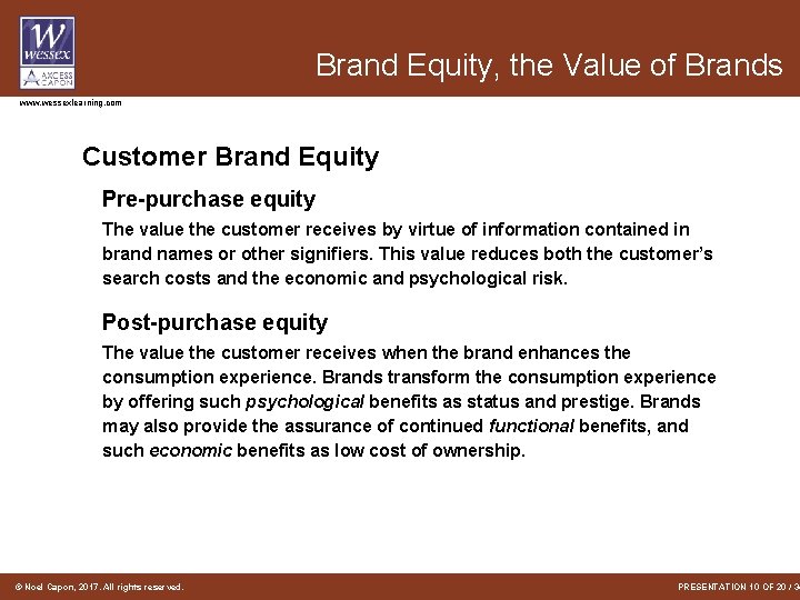 Brand Equity, the Value of Brands www. wessexlearning. com Customer Brand Equity Pre-purchase equity Brand Equity, the Value of Brands www. wessexlearning. com Customer Brand Equity Pre-purchase equity