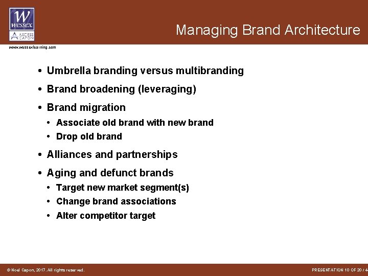 Managing Brand Architecture www. wessexlearning. com • Umbrella branding versus multibranding • Brand broadening Managing Brand Architecture www. wessexlearning. com • Umbrella branding versus multibranding • Brand broadening
