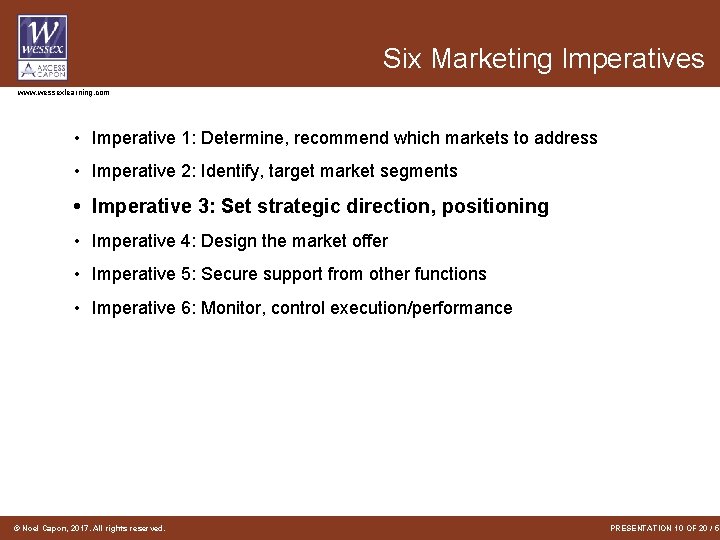 Six Marketing Imperatives www. wessexlearning. com • Imperative 1: Determine, recommend which markets to Six Marketing Imperatives www. wessexlearning. com • Imperative 1: Determine, recommend which markets to