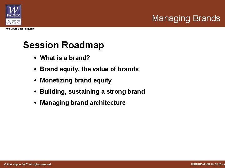 Managing Brands www. wessexlearning. com Session Roadmap • What is a brand? • Brand Managing Brands www. wessexlearning. com Session Roadmap • What is a brand? • Brand