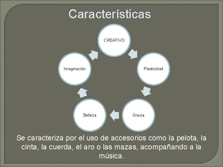 Características CREATIVO Imaginación Belleza Plasticidad Gracia Se caracteriza por el uso de accesorios como