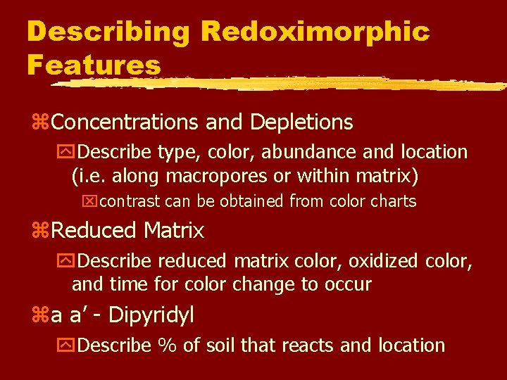 Describing Redoximorphic Features z. Concentrations and Depletions y. Describe type, color, abundance and location