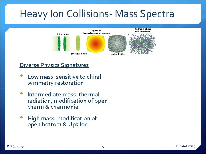 Heavy Ion Collisions- Mass Spectra Diverse Physics Signatures • Low mass: sensitive to chiral