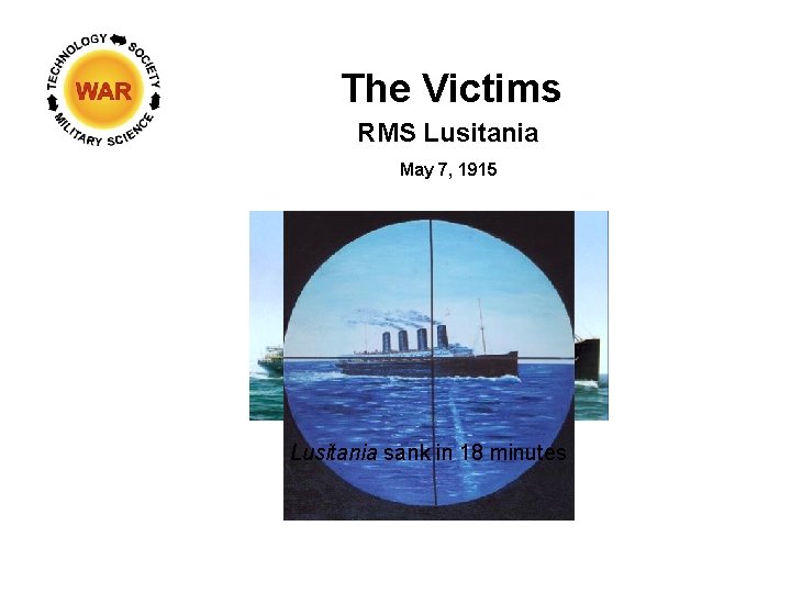 The Victims RMS Lusitania May 7, 1915 Lusitania sank in 18 minutes 