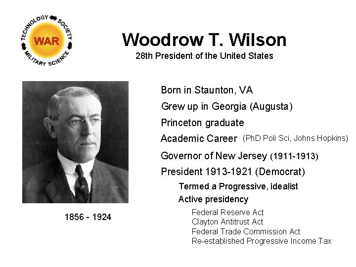 Woodrow T. Wilson 28 th President of the United States Born in Staunton, VA