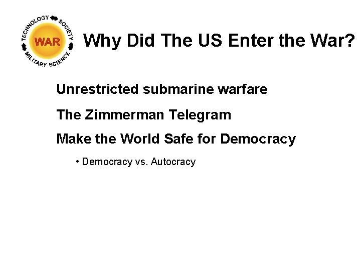 Why Did The US Enter the War? Unrestricted submarine warfare The Zimmerman Telegram Make