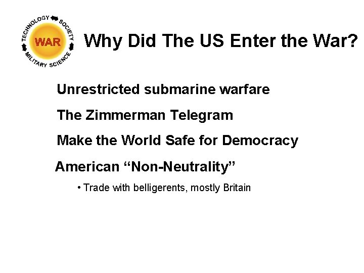 Why Did The US Enter the War? Unrestricted submarine warfare The Zimmerman Telegram Make