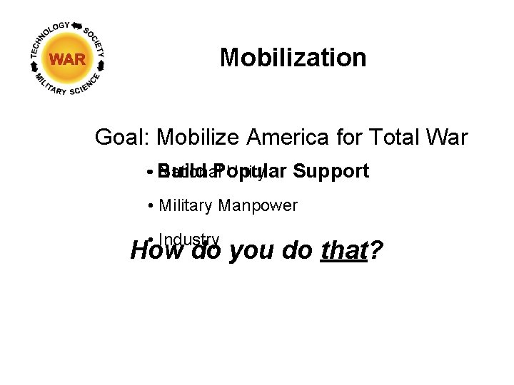 Mobilization Goal: Mobilize America for Total War • Build Popular Support National Unity •