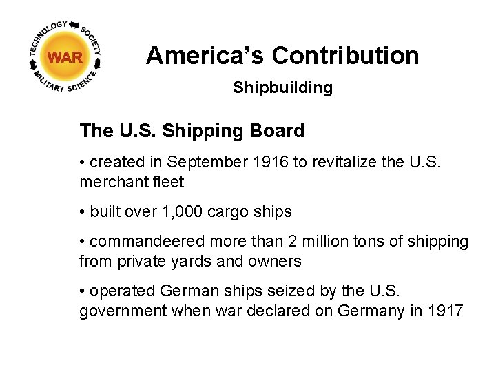 America’s Contribution Shipbuilding The U. S. Shipping Board • created in September 1916 to