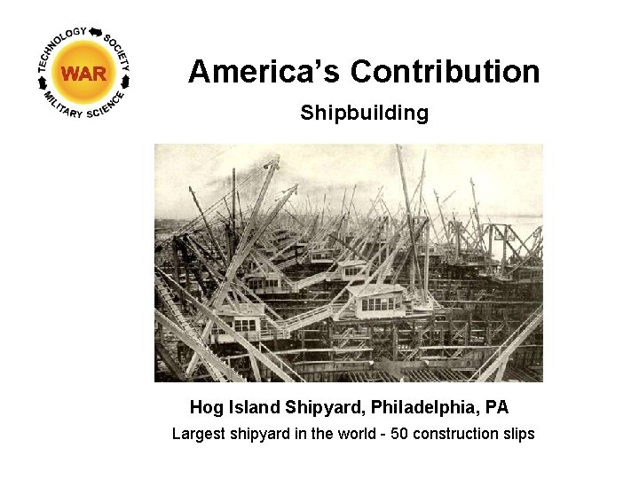 America’s Contribution Shipbuilding Hog Island Shipyard, Philadelphia, PA Largest shipyard in the world -