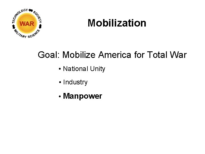 Mobilization Goal: Mobilize America for Total War • National Unity • Industry • Manpower