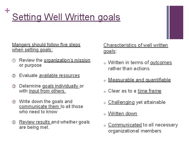 + Setting Well Written goals Mangers should follow five steps when setting goals: ①