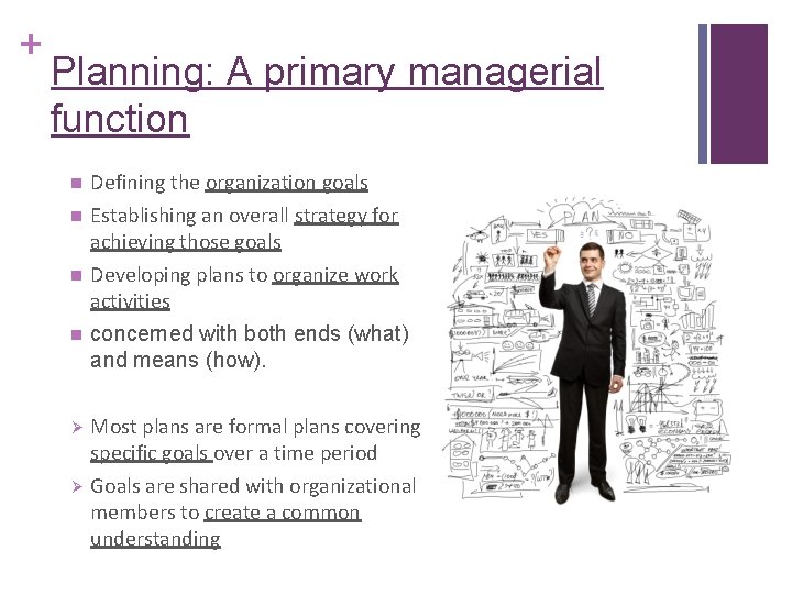 + Planning: A primary managerial function n Defining the organization goals n Establishing an