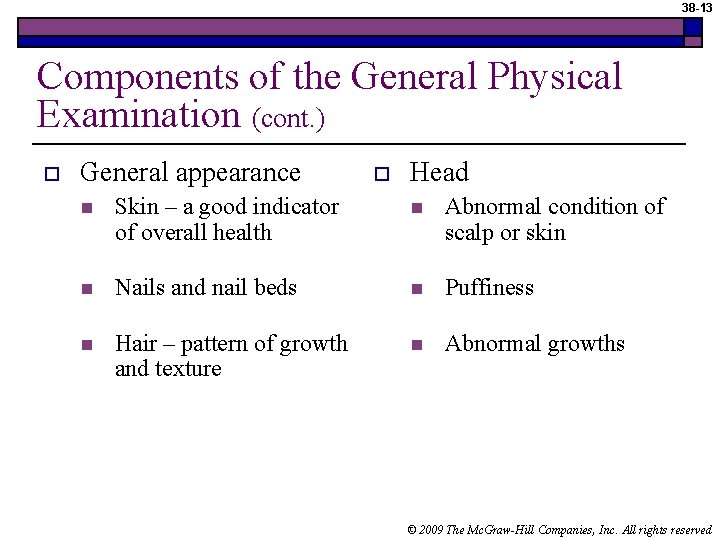 38 -13 Components of the General Physical Examination (cont. ) o General appearance o