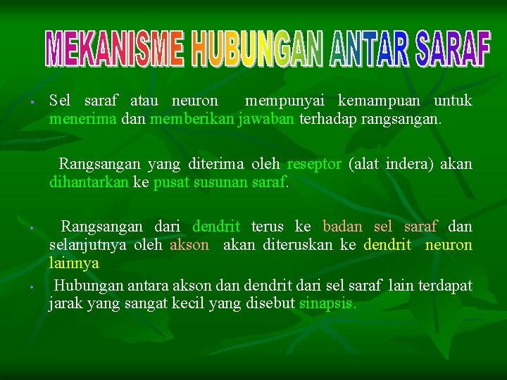 § Sel saraf atau neuron mempunyai kemampuan untuk menerima dan memberikan jawaban terhadap rangsangan.