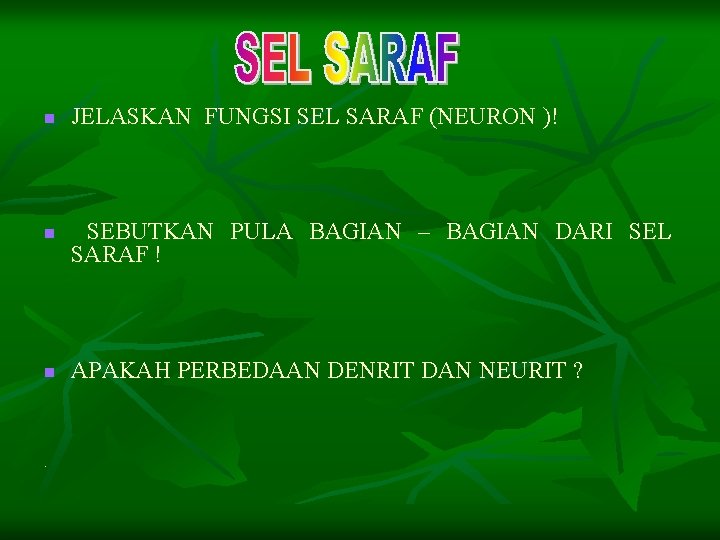 n n n . JELASKAN FUNGSI SEL SARAF (NEURON )! SEBUTKAN PULA BAGIAN –