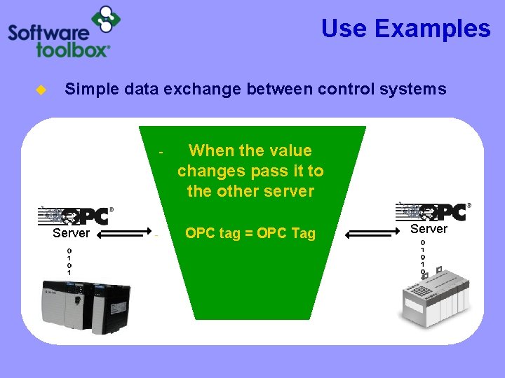 Use Examples u Simple data exchange between control systems - Server - When the