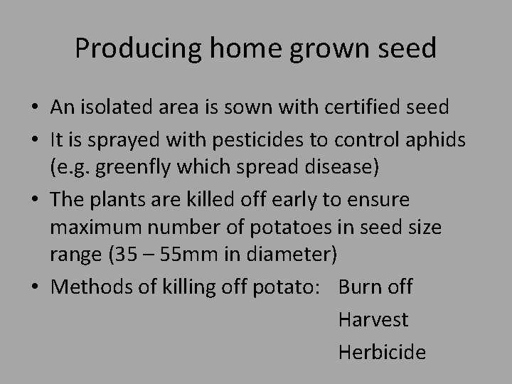 Producing home grown seed • An isolated area is sown with certified seed •