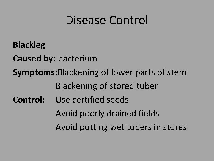 Disease Control Blackleg Caused by: bacterium Symptoms: Blackening of lower parts of stem Blackening
