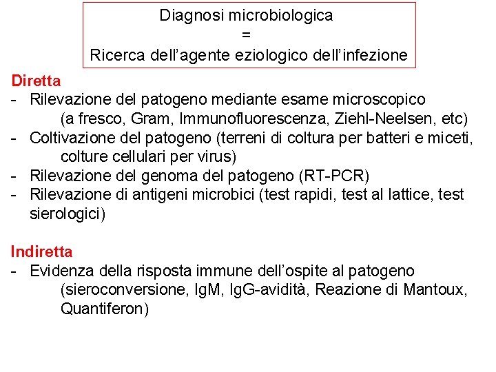 Diagnosi microbiologica = Ricerca dell’agente eziologico dell’infezione Diretta - Rilevazione del patogeno mediante esame