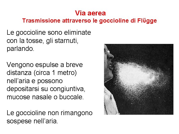  Via aerea Trasmissione attraverso le goccioline di Flϋgge Le goccioline sono eliminate con