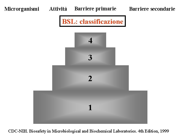 Microrganismi Attività Barriere primarie Barriere secondarie BSL: classificazione 4 3 2 1 CDC-NIH. Biosafety