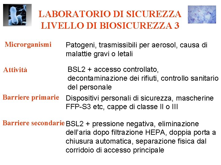 LABORATORIO DI SICUREZZA LIVELLO DI BIOSICUREZZA 3 Microrganismi Patogeni, trasmissibili per aerosol, causa di