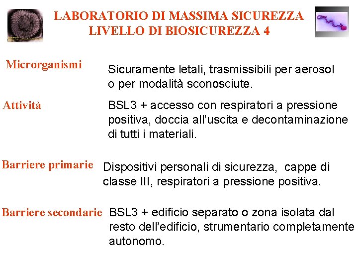 LABORATORIO DI MASSIMA SICUREZZA LIVELLO DI BIOSICUREZZA 4 Microrganismi Sicuramente letali, trasmissibili per aerosol
