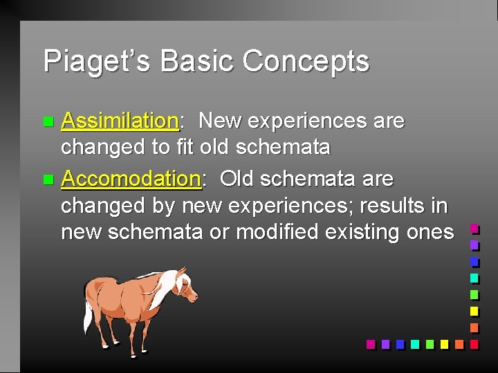 Piaget’s Basic Concepts Assimilation: New experiences are changed to fit old schemata n Accomodation: