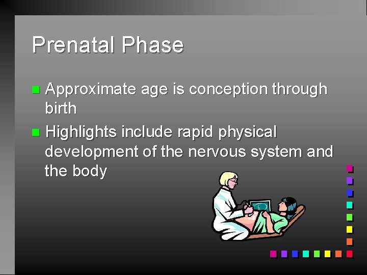 Prenatal Phase Approximate age is conception through birth n Highlights include rapid physical development