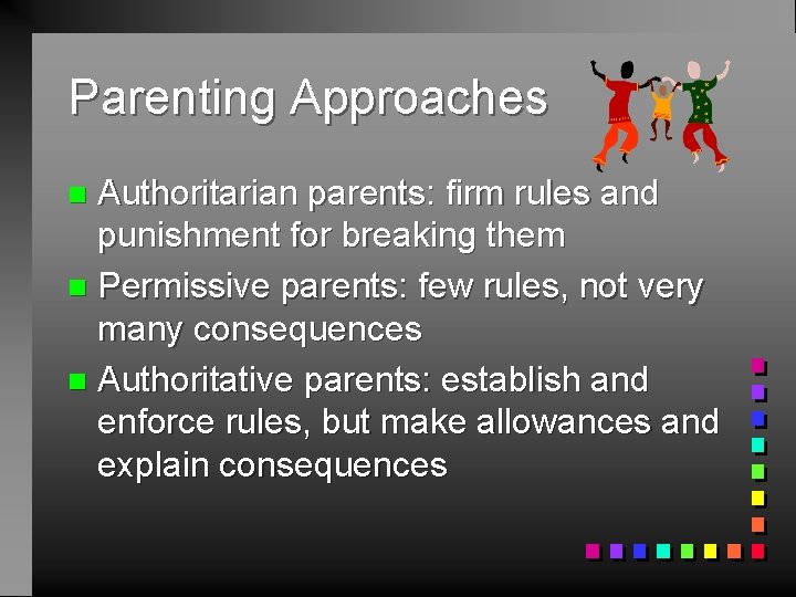 Parenting Approaches Authoritarian parents: firm rules and punishment for breaking them n Permissive parents: