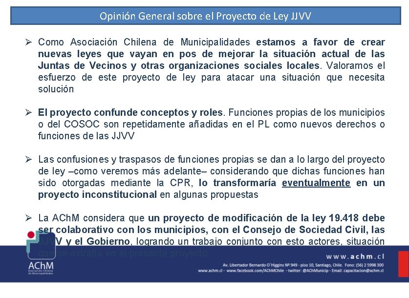 Opinión General sobre el Proyecto de Ley JJVV Ø Como Asociación Chilena de Municipalidades