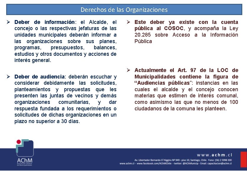 Derechos de las Organizaciones Ø Deber de información: el Alcalde, el concejo o las