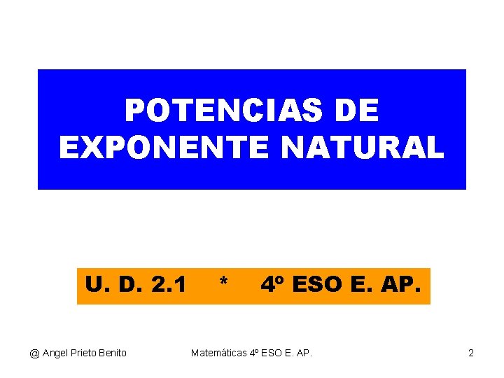 POTENCIAS DE EXPONENTE NATURAL U. D. 2. 1 @ Angel Prieto Benito * 4º