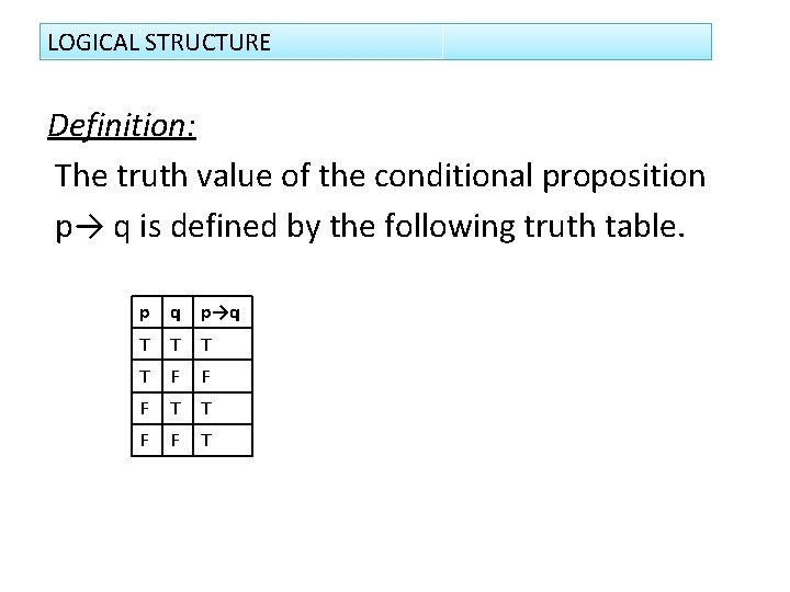 LOGICAL STRUCTURE Definition: The truth value of the conditional proposition p→ q is defined
