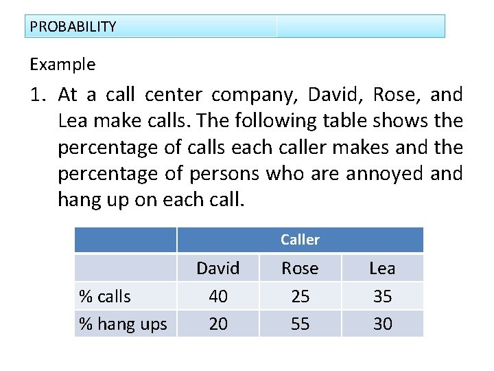 PROBABILITY Example 1. At a call center company, David, Rose, and Lea make calls.