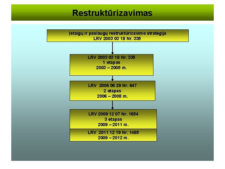 Restruktūrizavimas Įstaigų ir paslaugų restruktūrizavimo strategija LRV 2003 03 18 Nr. 335 1 etapas