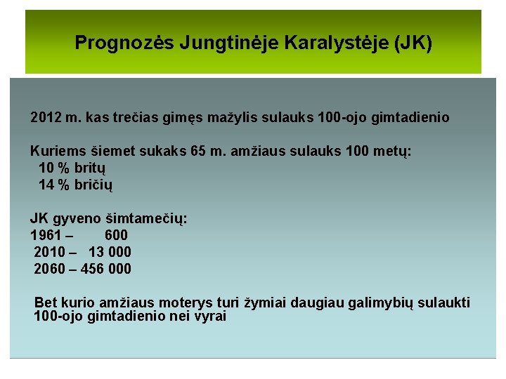 Prognozės Jungtinėje Karalystėje (JK) 2012 m. kas trečias gimęs mažylis sulauks 100 -ojo gimtadienio