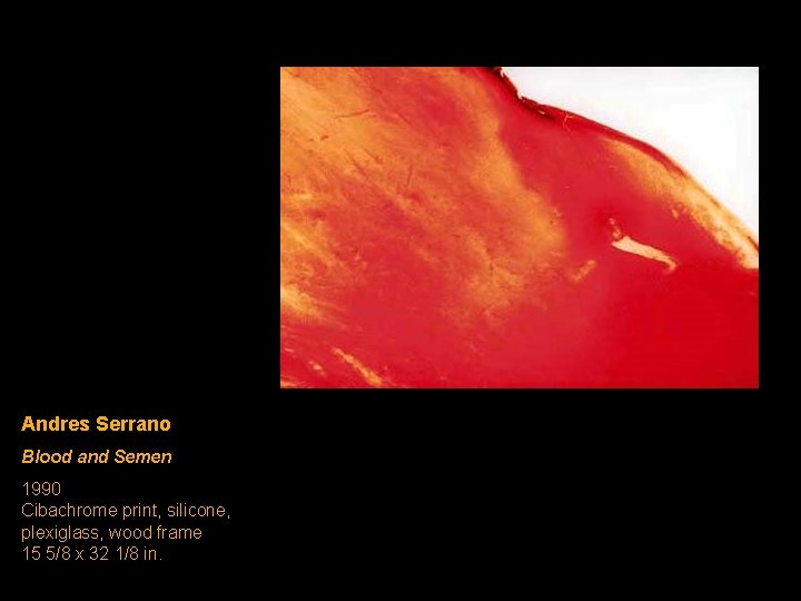 Andres Serrano Blood and Semen 1990 Cibachrome print, silicone, plexiglass, wood frame 15 5/8 Andres Serrano Blood and Semen 1990 Cibachrome print, silicone, plexiglass, wood frame 15 5/8