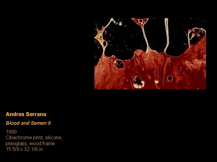 Andres Serrano Blood and Semen II 1990 Cibachrome print, silicone, plexiglass, wood frame 15 Andres Serrano Blood and Semen II 1990 Cibachrome print, silicone, plexiglass, wood frame 15