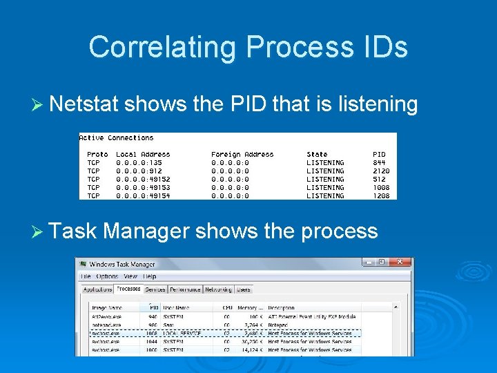 Correlating Process IDs Ø Netstat shows the PID that is listening Ø Task Manager